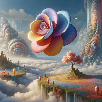 The primary subject of the image is a beautifully painted tree with a pink flower, surrounded by a vibrant and colorful landscape. The tree is situated in the middle of the scene, with a variety of other trees and flowers in the background. The visual style of the image is a combination of digital art and illustration, creating a lush and imaginative environment. The colors and mood of the image are predominantly warm and inviting, with the pink flower and vibrant colors adding a sense of life